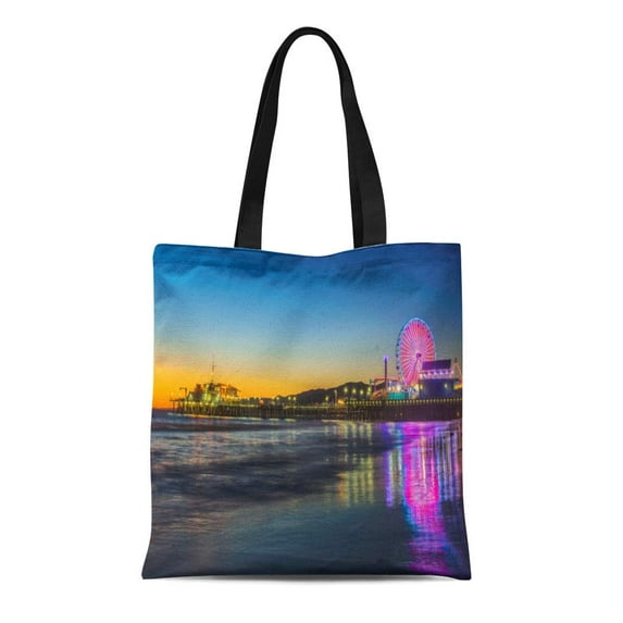 ASHLEIGH Canvas Tote Bag Colorful Amusement Usa California Los Angeles Santa Monica Park Reusable Handbag Shoulder Grocery Shopping Bags