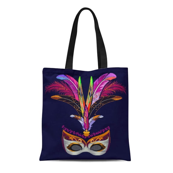 ASHLEIGH Canvas Tote Bag Colorful Bird Carnival Mask Black Crewel Elegant Emblem Embroidered Durable Reusable Shopping Shoulder Grocery Bag
