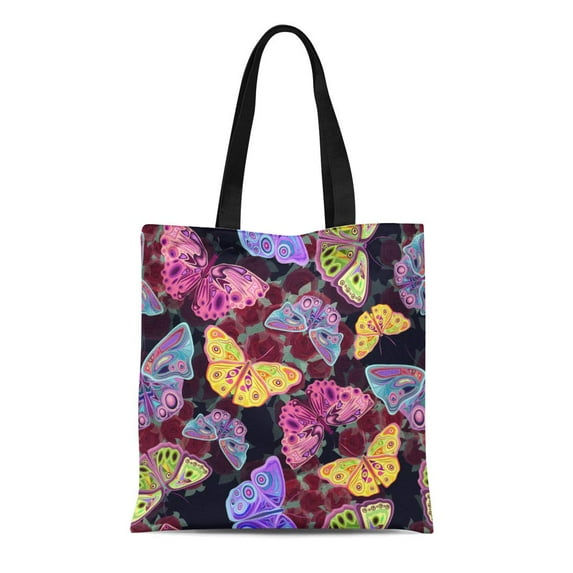ASHLEIGH Canvas Tote Bag Colorful Butterfly Colored Butterflies on Floral Pattern Abstract Beautiful Reusable Shoulder Grocery Shopping Bags Handbag