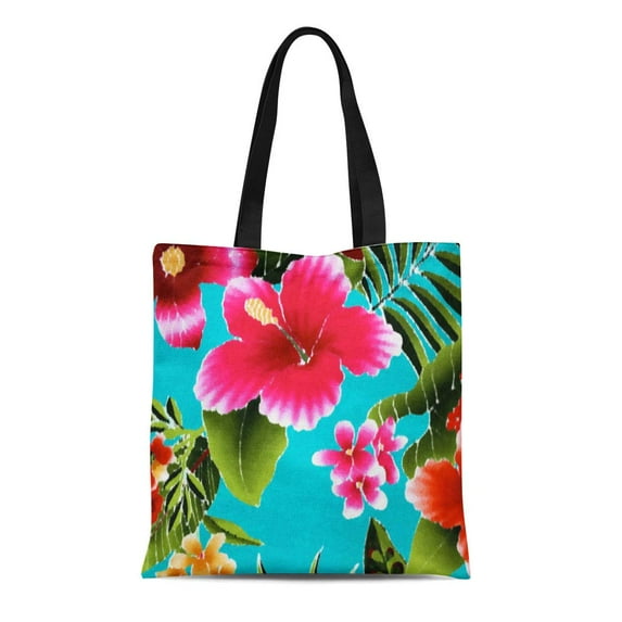 ASHLEIGH Canvas Tote Bag Colorful Cool Pink Turquoise Hawaiian Hibiscus Flowers Green Aloha Reusable Handbag Shoulder Grocery Shopping Bags