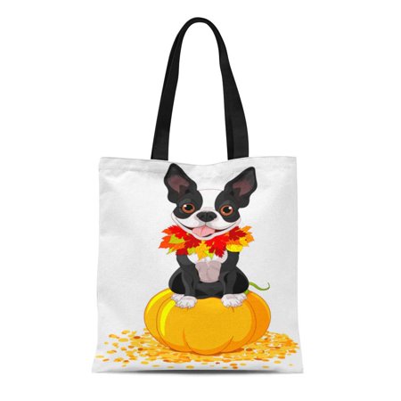 ASHLEIGH Canvas Tote Bag Dog Boston Terrier Sits on Pumpkin Halloween Cartoon Costume Reusable Shoulder Grocery Shopping Bags Handbag