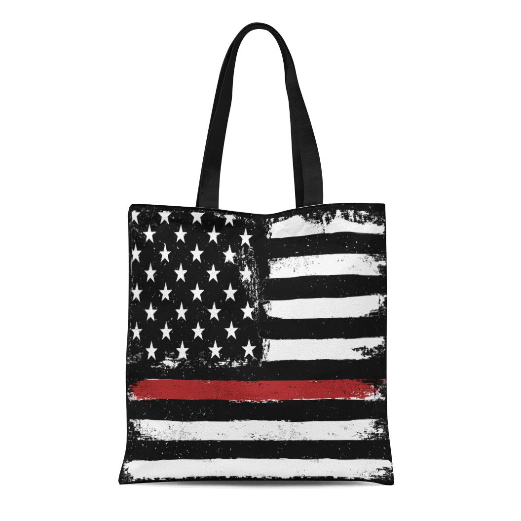 Thin Red Line Firefighter Tote Bag - Patriotic Canvas Grocery Bag With Zipper Pocket, 15.7x19.7 Inches