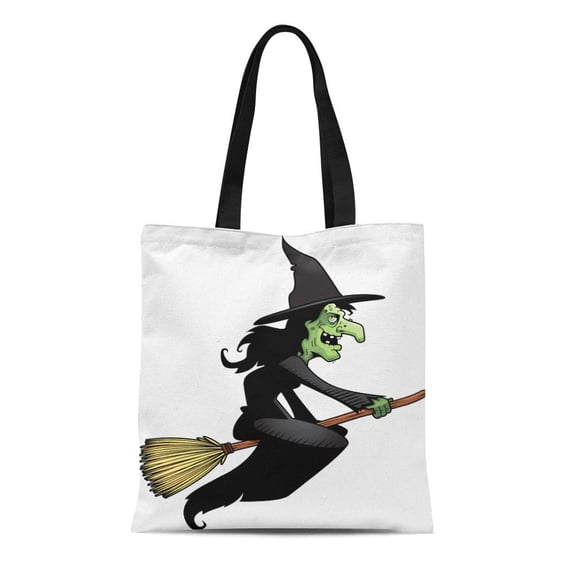 ASHLEIGH Canvas Tote Bag Green Halloween Cartoon Witch Flying on Broomstick Broom Hat Reusable Shoulder Grocery Shopping Bags Handbag