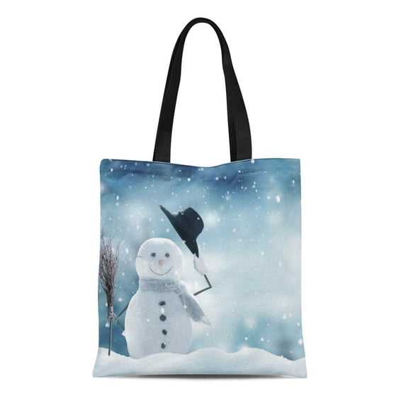 ASHLEIGH Canvas Tote Bag New Year Copy Space Happy Snowman Standing in Christmas Durable Reusable Shopping Shoulder Grocery Bag
