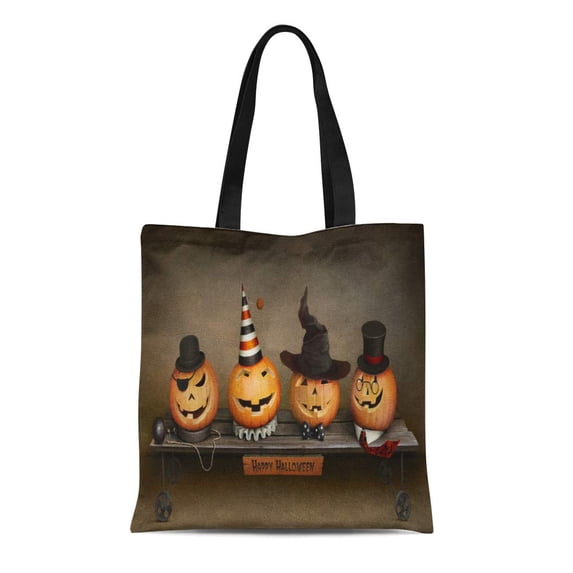 ASHLEIGH Canvas Tote Bag Orange Scarecrow Happy Halloween Four Friends on Trolley Fun Durable Reusable Shopping Shoulder Grocery Bag