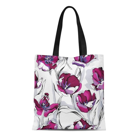 ASHLEIGH Canvas Tote Bag Pattern of Black Tulip Flowers Shadow on Burgundy Leaf Reusable Shoulder Grocery Shopping Bags Handbag