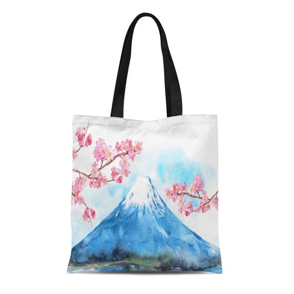 ASHLEIGH Canvas Tote Bag Pink Abstract Mount Fuji and Cherry Blossoms Watercolor Painting Durable Reusable Shopping Shoulder Grocery Bag