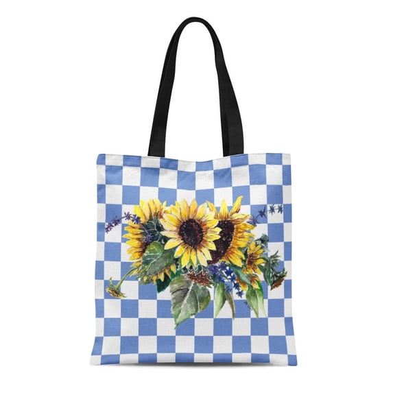 ASHLEIGH Canvas Tote Bag Primitive Sunflower on Blue Checks Reusable Handbag Shoulder Grocery Shopping Bags