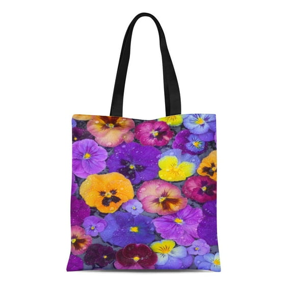ASHLEIGH Canvas Tote Bag Purple Rain Pansy Flowers Floating in Bird Bath Colorful Reusable Handbag Shoulder Grocery Shopping Bags
