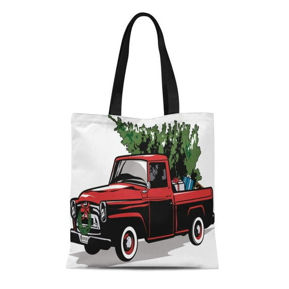 ASHLEIGH Canvas Tote Bag Red Christmas Holiday Truck Tree Vintage Old Pickup 1950 Durable Reusable Shopping Shoulder Grocery Bag