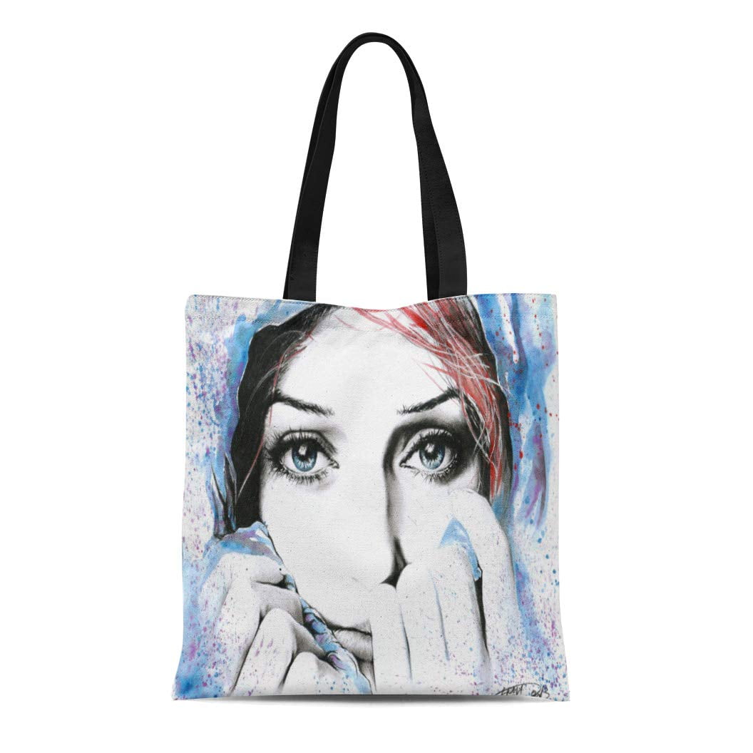 ASHLEIGH Canvas Tote Bag Red Woman Girl Portrait Watercolor Painting Eyes  Face Beautiful Reusable Handbag Shoulder Grocery Shopping Bags 