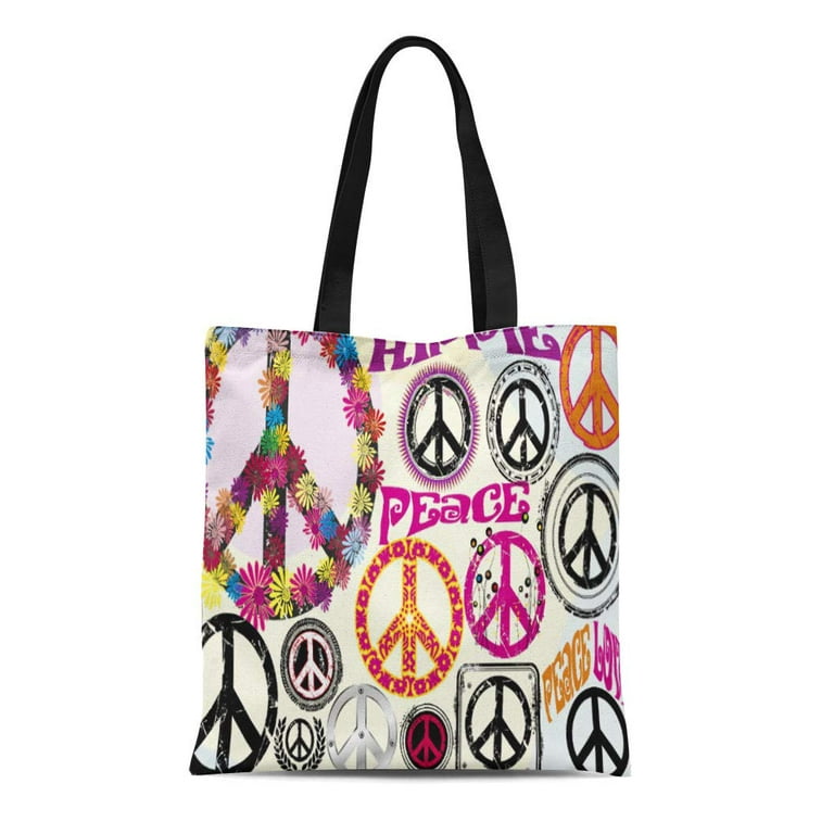 ASHLEIGH Canvas Tote Bag Sign Flower Power Retro Peace Love Hippie Hippy  Vietnam Reusable Handbag Shoulder Grocery Shopping Bags