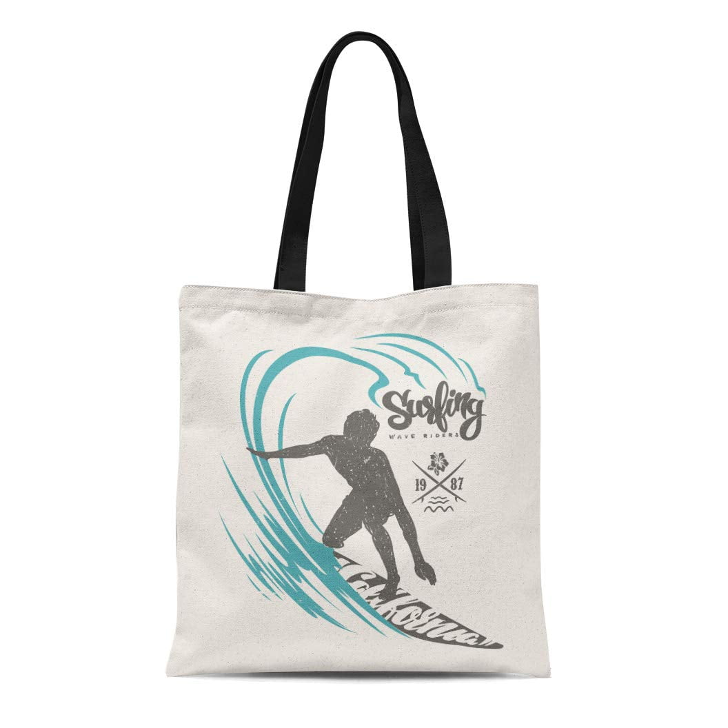 ASHLEIGH Canvas Tote Bag Surf Surfer and Big Wave Sketch Surfboard Retro Sea Reusable Shoulder