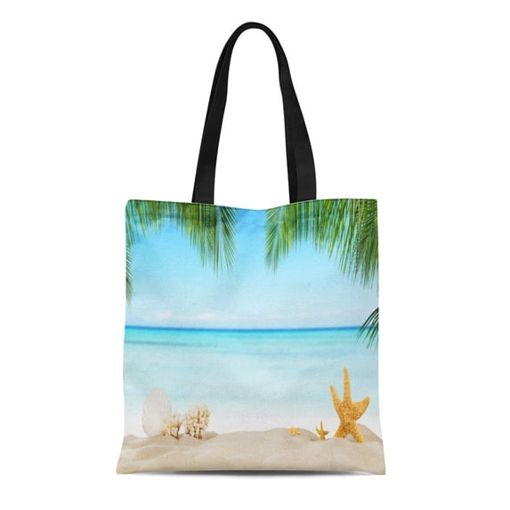ASHLEIGH Canvas Tote Bag Tropical Beach Sea Star on Sand Summer Holiday Travel Durable Reusable Shopping Shoulder Grocery Bag
