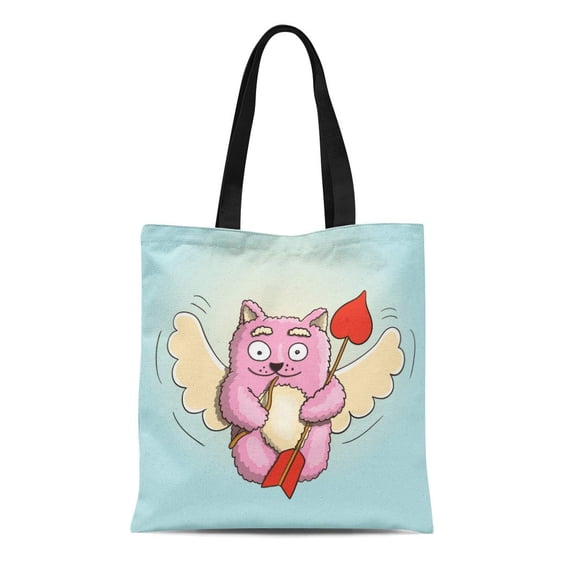 ASHLEIGH Canvas Tote Bag Valentines Day Cupid Pink Cat Flying Wings of Love Reusable Shoulder Grocery Shopping Bags Handbag