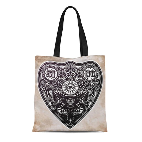 ASHLEIGH Canvas Tote Bag Vintage Magic Ouija Board Oracle Black Cat Head Portrait Durable Reusable Shopping Shoulder Grocery Bag