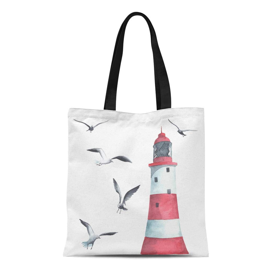 ASHLEIGH Canvas Tote Bag Water Watercolor Lighthouse and Seagulls House ...