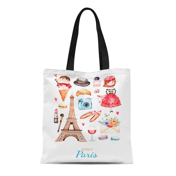 ASHLEIGH Canvas Tote Bag Watercolor Paris Handpainted Cosmetics Tour Eiffel Young Girl Camera Durable Reusable Shopping Shoulder Grocery Bag