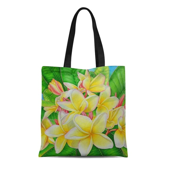 ASHLEIGH Canvas Tote Bag Watercolor Plumeria Hawaiian Frangipani Floral Tropical Botanical Hawaii Aloha Reusable Handbag Shoulder Grocery Shopping Bags