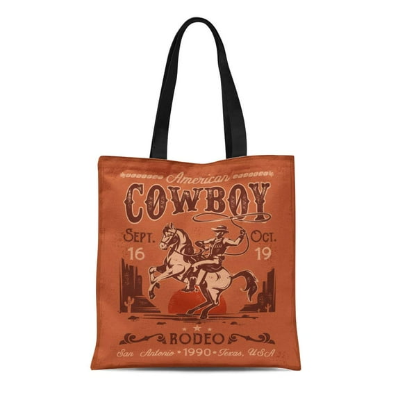 ASHLEIGH Canvas Tote Bag Western Rodeo Cowboy Sitting on Rearing Horse in Retro Durable Reusable Shopping Shoulder Grocery Bag