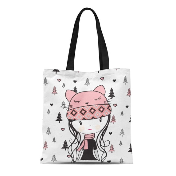 ASHLEIGH Canvas Tote Bag Winter Cute Girl on Christmas Pattern for Graphics Cap Reusable Shoulder Grocery Shopping Bags Handbag