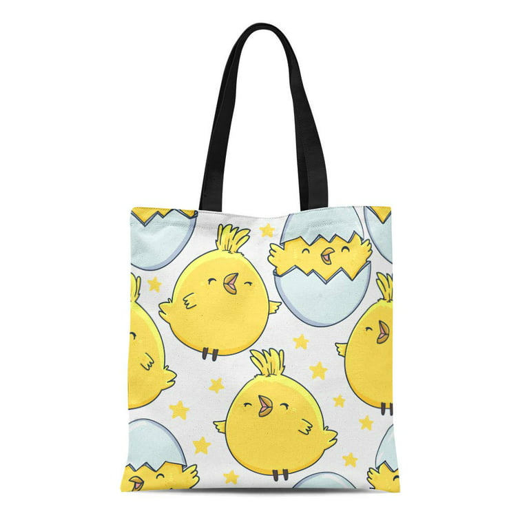 Ashleigh Canvas Tote Bag Yellow Chick Cute Little Chicken Egg Outline Cartoon Reusable Shoulder Grocery Shopping Bags Handbag, Adult Unisex, Size: 14