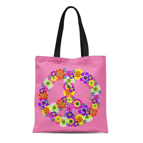 ASHLEIGH Canvas Tote Bag Yellow Flowers Peace Sign Floral in Purple Hippie Child Reusable Handbag Shoulder Grocery Shopping Bags