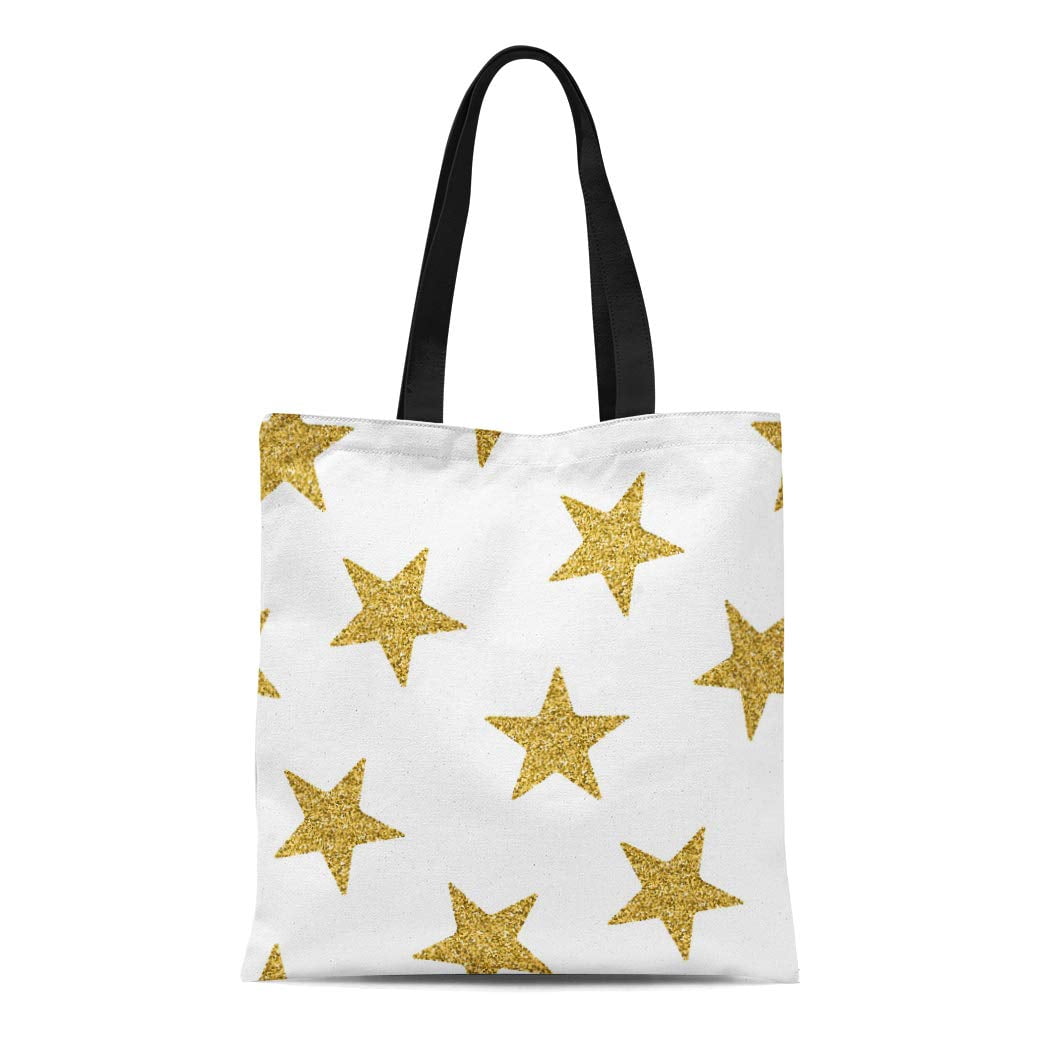 Ashleigh Canvas Tote Bag Yellow Gold Stars Pattern Golden Christmas Twinkle Moon Holiday Durable Reusable Shopping Shoulder Grocery Bag