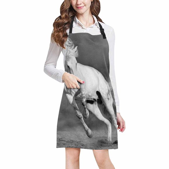 ASHLEIGH Cool White Horse Run Free in Desert Adjustable Bib Apron with Pockets Commercial Restaurant and Home Kitchen Apron for Women Men