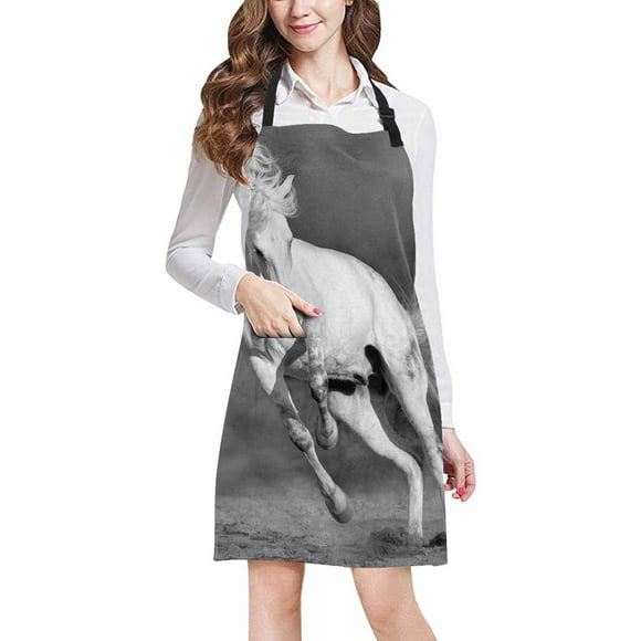 ASHLEIGH Cool White Horse Run Free in Desert Adjustable Bib Apron with Pockets Commercial Restaurant and Home Kitchen Apron for Women Men