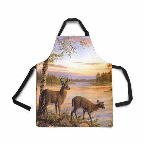 ASHLEIGH Deer Wallpaper Adjustable Bib Apron for Women Men Girls Chef with Pockets Novelty Kitchen Apron for Cooking Baking Gardening Pet Grooming Cleaning