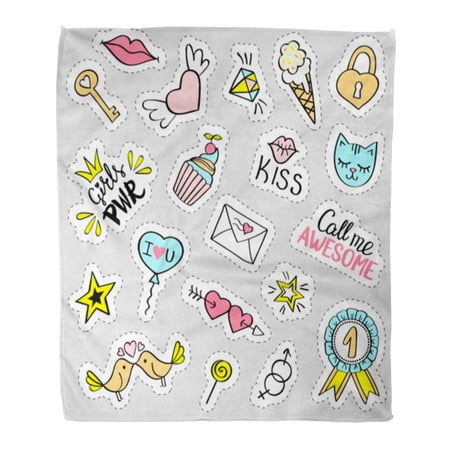 ASHLEIGH Flannel Throw Blanket 90S 80S Girly Collection of Fancy Doodle Pins Badges Soft for Bed Sofa and Couch 58x80 Inches