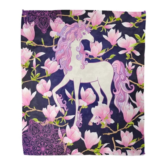 ASHLEIGH Flannel Throw Blanket Beautiful Pink Magnolia Flowers and Unicorn on Black Dark Blue Beauty 50x60 Inch Lightweight Cozy Plush Fluffy Warm Fuzzy Soft