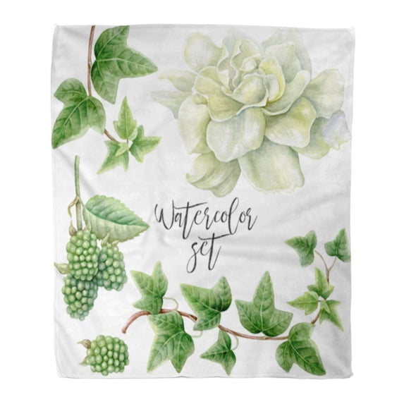 ASHLEIGH Flannel Throw Blanket Beautiful of Watercolor White Gardenia Green BlackBerry and Ivy Soft for Bed Sofa and Couch 58x80 Inches