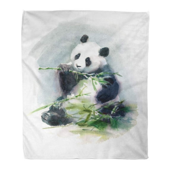 ASHLEIGH Flannel Throw Blanket Black Painting Watercolor Panda Eating Bamboo Wildlife White Soft for Bed Sofa and Couch 50x60 Inches