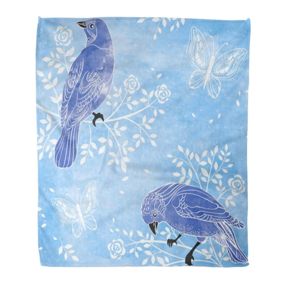 ASHLEIGH Flannel Throw Blanket Blue Drawing Birds and Flowers on Water Color Pattern Soft for Bed Sofa and Couch 50x60 Inches