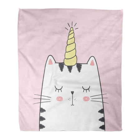 ASHLEIGH Flannel Throw Blanket Cute White Cat Unicorn Horn Drawn Tablet Lovely Sleeping Kitten Closed Eyes Empty Pink Fairy Tale 50x60 Inch Lightweight Cozy Plush Fluffy Warm Fuzzy Soft