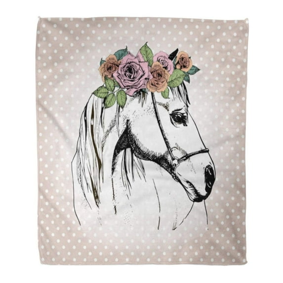 ASHLEIGH Flannel Throw Blanket Flower Portrait of Horse Wearing The Floral Crown Polka Dot Vintage Engraved Color Unicorn 58x80 Inch Lightweight Cozy Plush Fluffy Warm Fuzzy Soft