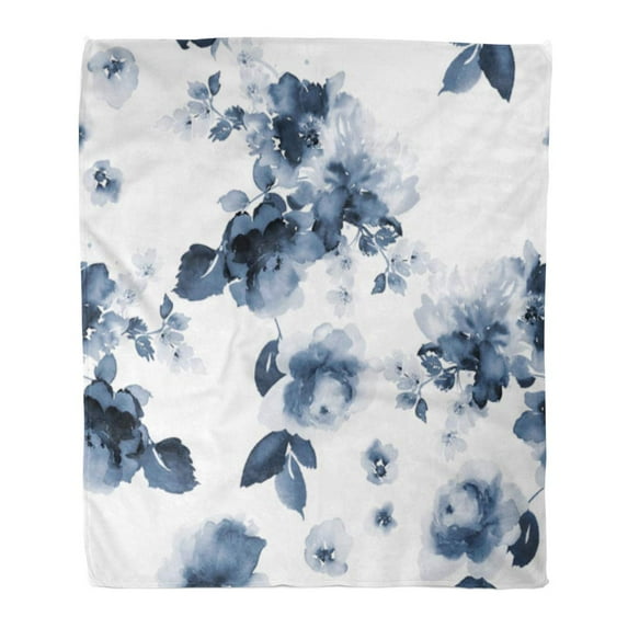 ASHLEIGH Flannel Throw Blanket Light Summer Pattern Watercolor Flowers Indigo Din Flora Romantic Soft for Bed Sofa and Couch 50x60 Inches
