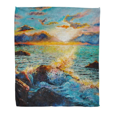 ASHLEIGH Flannel Throw Blanket Original Oil Painting on Canvas Seascape Sea Wave Beating Soft for Bed Sofa and Couch 58x80 Inches