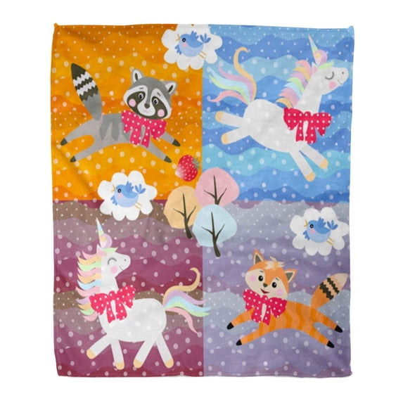 ASHLEIGH Flannel Throw Blanket Patchwork Pattern Cute Cartoon Unicorns Raccoon Birds and Little Fox on Polka Dots Patchs 50x60 Inch Lightweight Cozy Plush Fluffy Warm Fuzzy Soft