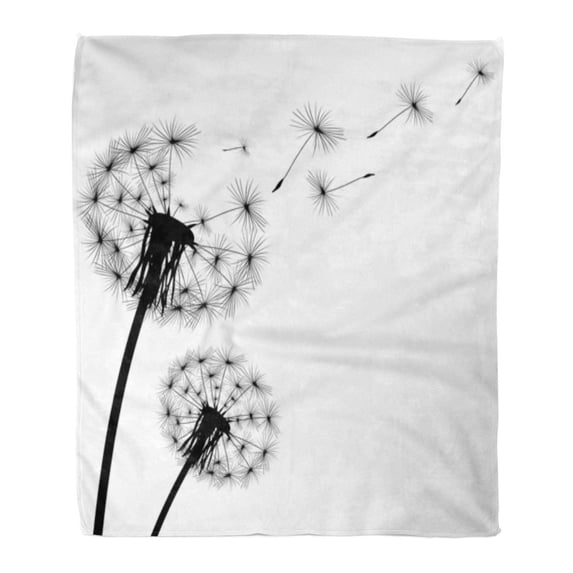 ASHLEIGH Flannel Throw Blanket Tattoo Seed Black Silhouette Flying Dandelion Buds on White Soft for Bed Sofa and Couch 50x60 Inches