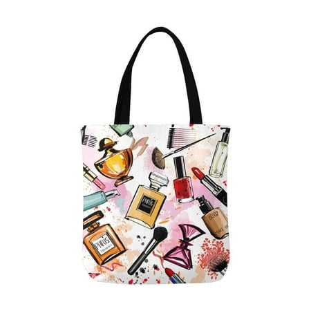 ASHLEIGH Girly Watercolor Cosmetics Perfumes Lipstick Nail Polish Brush Canvas Reusable Tote Bag Durable Shopping Tote Bags Book Bags for Women Men Kids