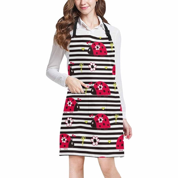 ASHLEIGH Hipster Cute Cartoon Ladybug with Flowers on Stripes Unisex Adjustable Bib Apron with Pockets for Women Men Girls Chef for Cooking Baking Gardening Crafting