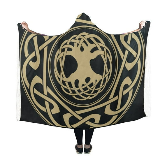 ASHLEIGH Hooded Blanket Norse Mythology Tree Of Life World Tree Pilling Polar Fleece Hooded Throw Wrap 50x60 inch