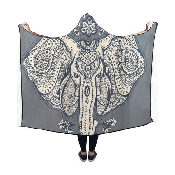 ASHLEIGH Hooded Blanket Vintage Elephant Pilling Polar Fleece Wearable Blanket Throw Blanket 50x60 inches