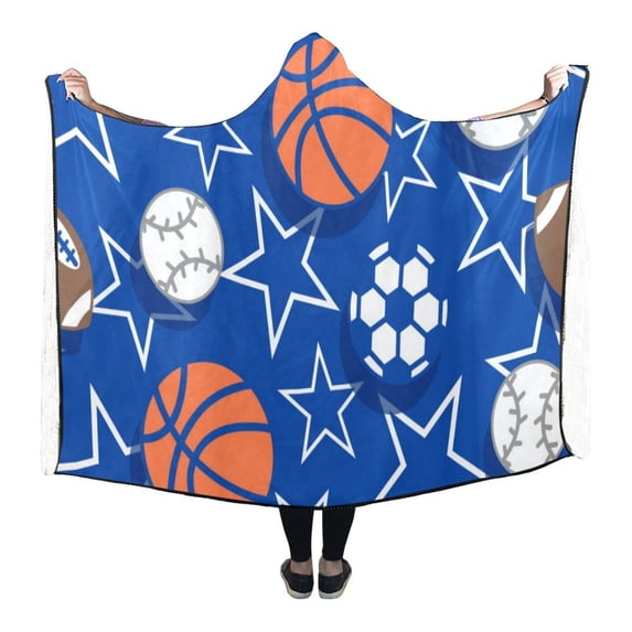 ASHLEIGH Hooded Throw Wrap Sports Balls Basketball Soccer Baseball Wearable Blanket 56x80 Inch Comfortable Softness