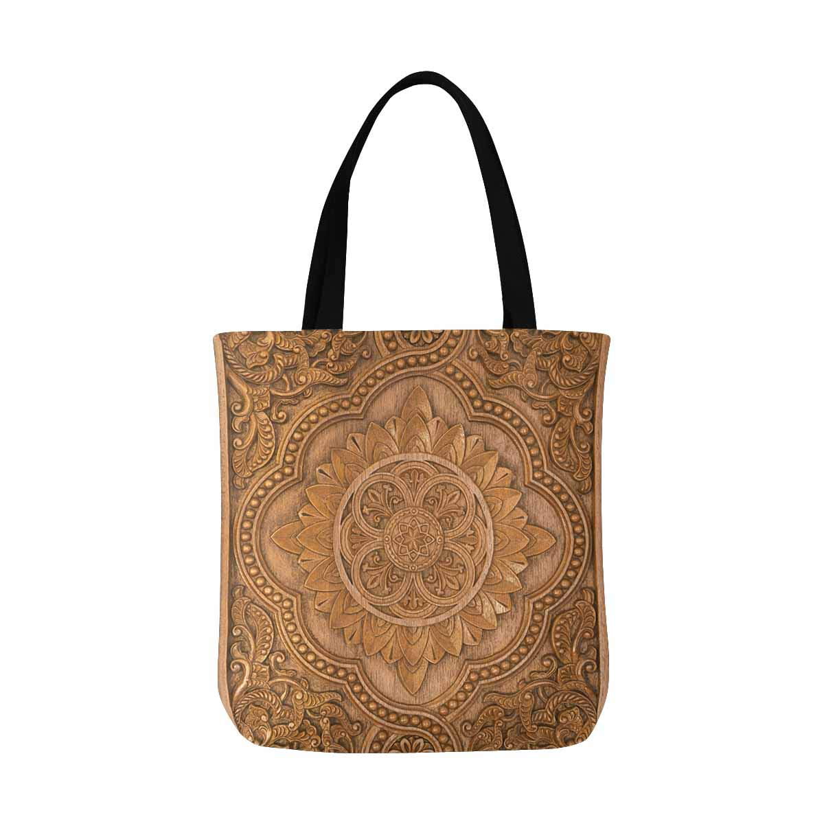 ASHLEIGH Retro Mandala Style Floral Circle Wood Carving Art Canvas Reusable  Tote Bag Durable Shopping Tote Bags Book Bags for Women Men Kids