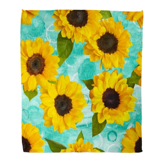 ASHLEIGH Throw Blanket 50x60 Inches Made Up by Photos of Yellow Sunflowers with Green Leaves on Teal Blue Watercolor Warm Flannel Soft Blanket for Couch Sofa Bed