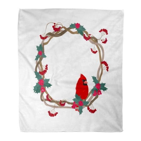 ASHLEIGH Throw Blanket 58x80 Inches Christmas Wreath of Mountain Ash Holly Berries and Cardinal Bird on White Warm Flannel Soft Blanket for Couch Sofa Bed